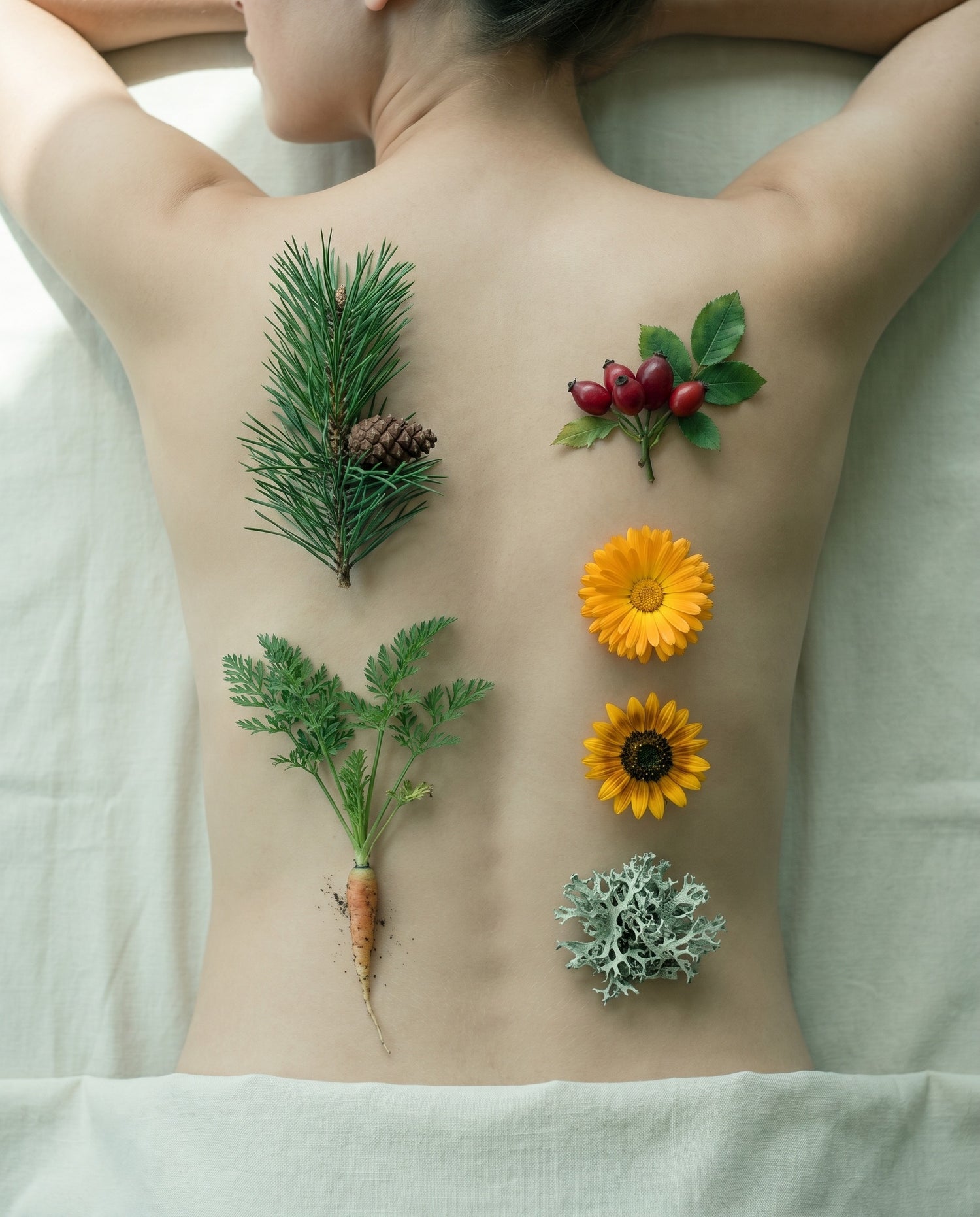 Six Pine Serenity botanicals laid across a woman's back at an alpine spa